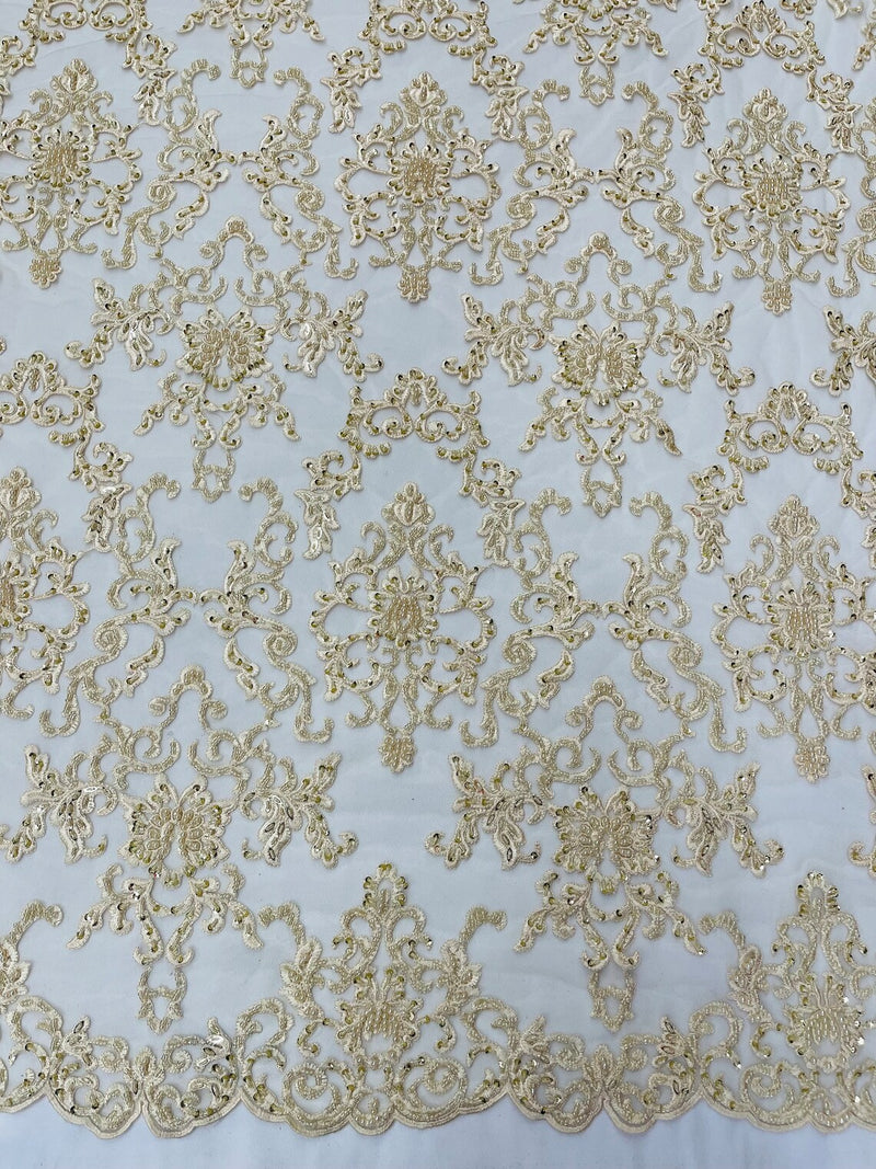 Beaded Butterfly Pattern Fabric - Beige - Damask Fancy Bead Sequins Fabric Sold by Yard