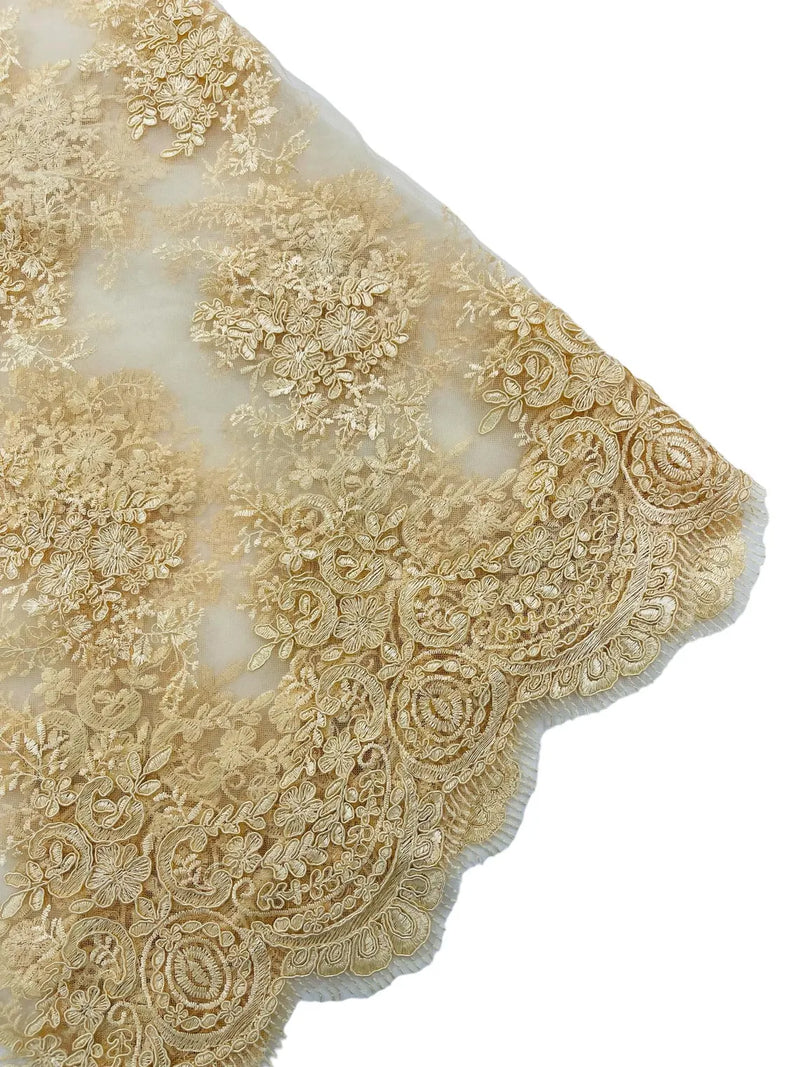 Damask Flower Lace Fabric - Beige - Damask Flowers Embroidered on Lace Fabric By Yard