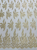 Braid Leaf Designs Lace Fabric - Beige - Embroidered Floral Leaf Pattern on Lace Mesh Fabric By Yard