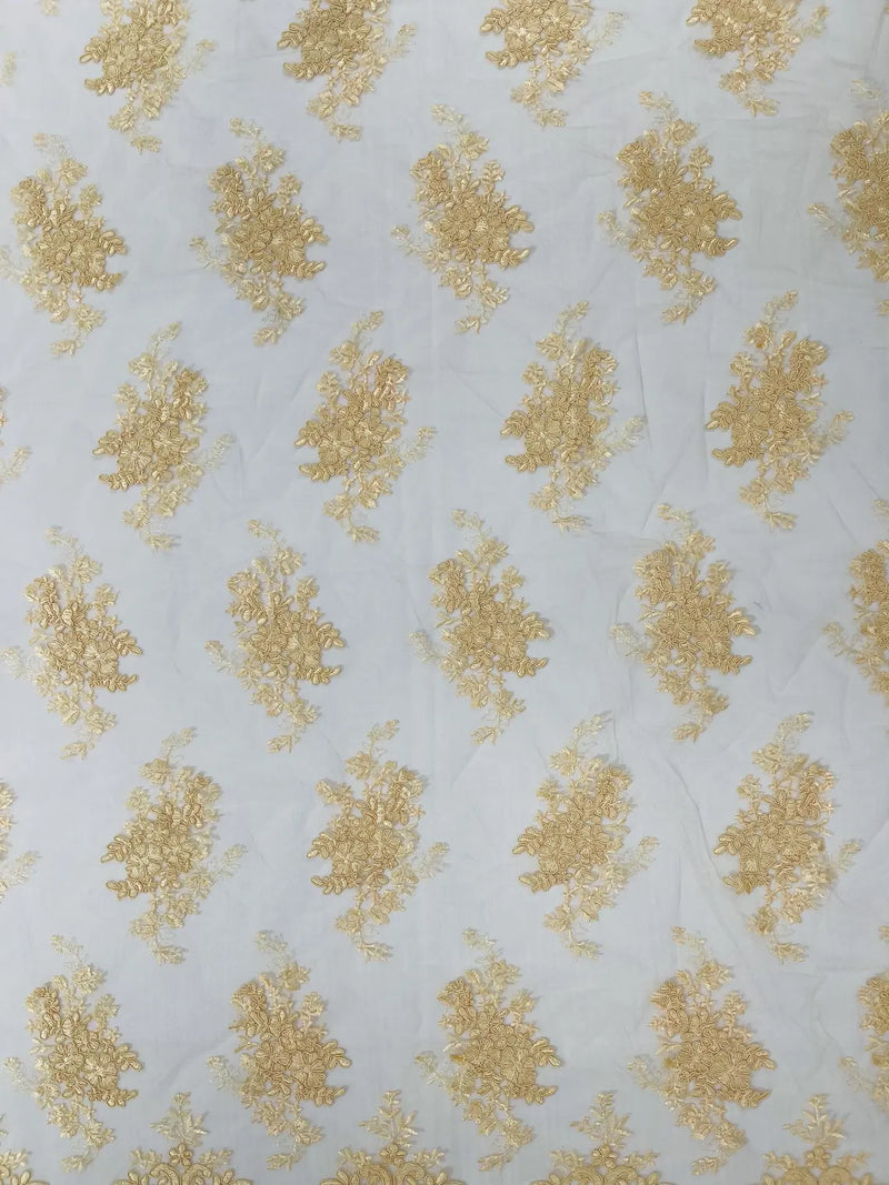 Damask Flower Lace Fabric - Beige - Damask Flowers Embroidered on Lace Fabric By Yard