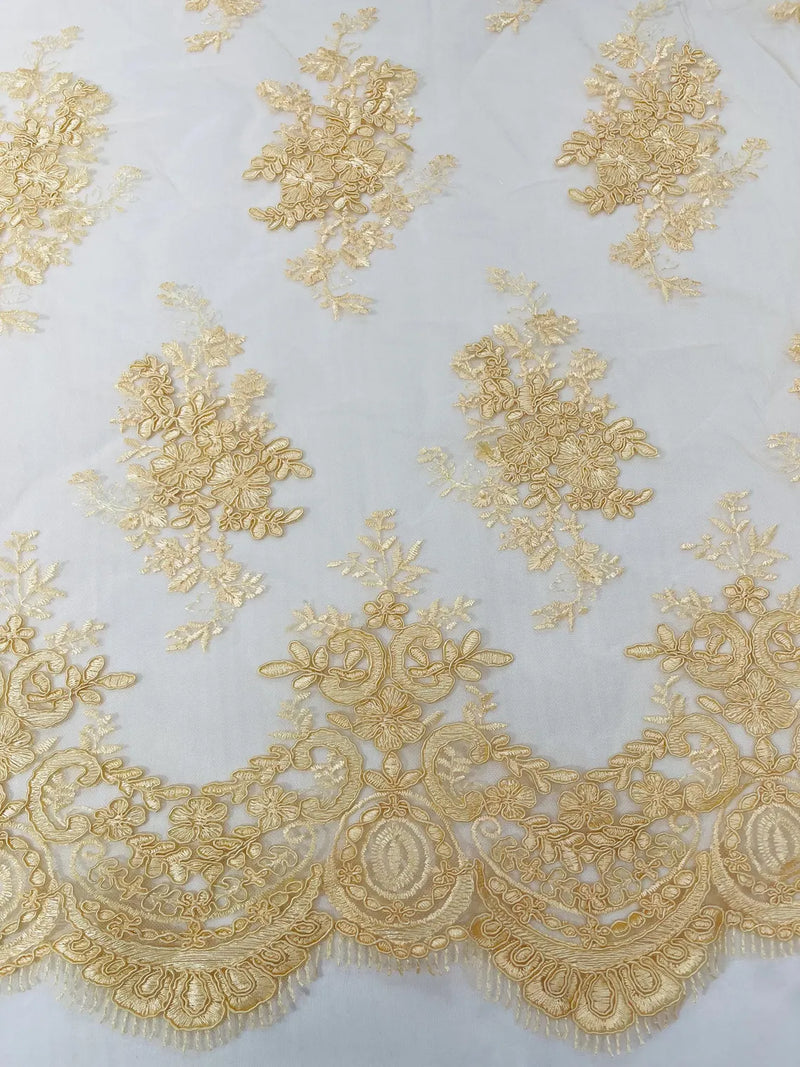 Damask Flower Lace Fabric - Beige - Damask Flowers Embroidered on Lace Fabric By Yard