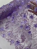 Flower 3D Glitter Fabric - Lilac - Embroidered Floral Sequins Design Fabric by Yard