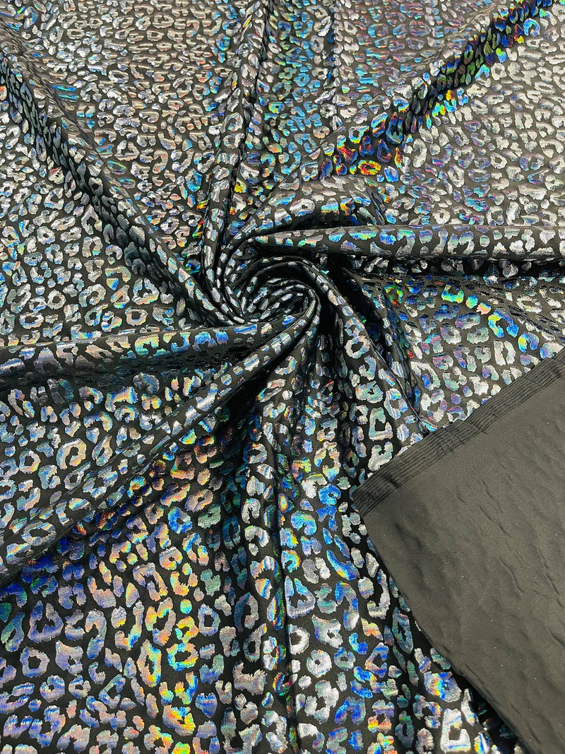 Cheetah Print Spandex Fabric - Black / Black - Mystique 4 Way Stretch Foil Fabric 58/60" By Yard