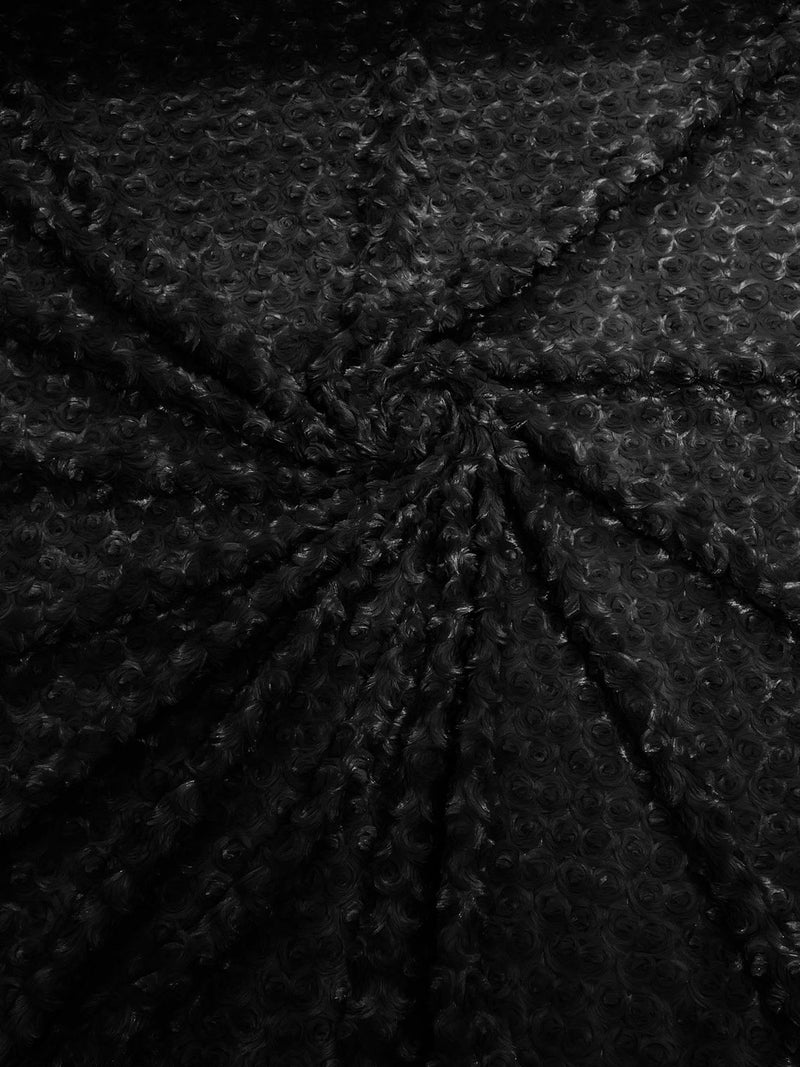 Minky Rose Swirl Fabric - Black - 58" Blossom Ball Rosebud Plush Fur Soft Fabric By Yard