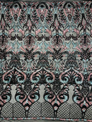 Damask Open Heart Design - Black / Dusty Rose - Embroidered 4 Way Stretch Sequins Fabric By Yard