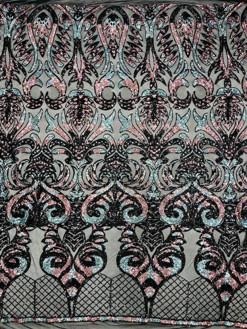 Damask Open Heart Design - Black / Dusty Rose - Embroidered 4 Way Stretch Sequins Fabric By Yard