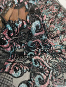 Damask Open Heart Design - Black / Dusty Rose - Embroidered 4 Way Stretch Sequins Fabric By Yard