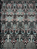 Damask Open Heart Design - Black / Dusty Rose - Embroidered 4 Way Stretch Sequins Fabric By Yard