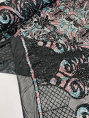 Damask Open Heart Design - Black / Dusty Rose - Embroidered 4 Way Stretch Sequins Fabric By Yard