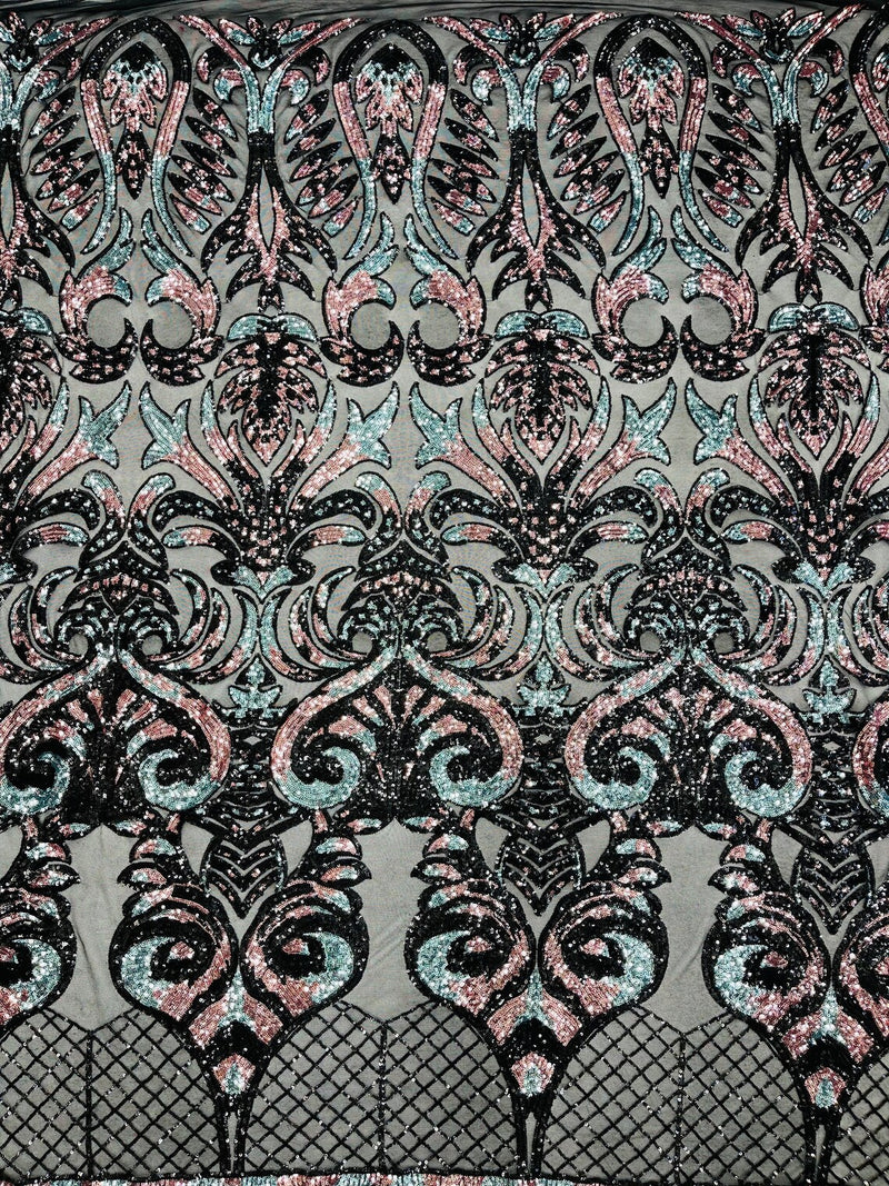 Damask Open Heart Design - Black / Dusty Rose - Embroidered 4 Way Stretch Sequins Fabric By Yard
