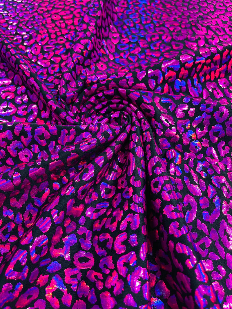 Cheetah Print Spandex Fabric - Black / Fuchsia - Mystique 4 Way Stretch Foil Fabric 58/60" By Yard