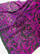 Metallic Damask Spandex - Black / Fuchsia - Holographic Poly Spandex Stretch Damask Fabric By Yard