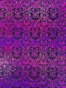 Metallic Damask Spandex - Black / Fuchsia - Holographic Poly Spandex Stretch Damask Fabric By Yard
