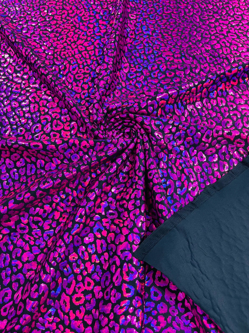 Cheetah Print Spandex Fabric - Black / Fuchsia - Mystique 4 Way Stretch Foil Fabric 58/60" By Yard