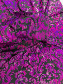 Metallic Damask Spandex - Black / Fuchsia - Holographic Poly Spandex Stretch Damask Fabric By Yard