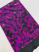 Metallic Damask Spandex - Black / Fuchsia - Holographic Poly Spandex Stretch Damask Fabric By Yard