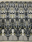 Damask Open Heart Design - Black / Gold - Embroidered 4 Way Stretch Sequins Fabric By Yard