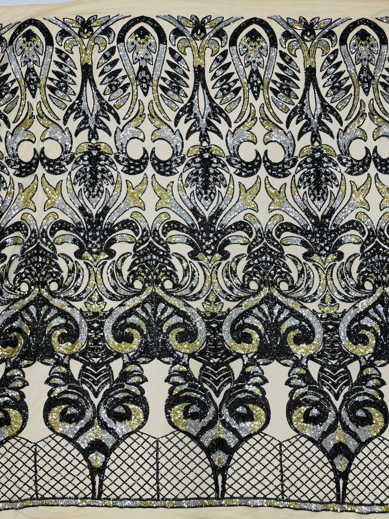 Damask Open Heart Design - Black / Gold - Embroidered 4 Way Stretch Sequins Fabric By Yard