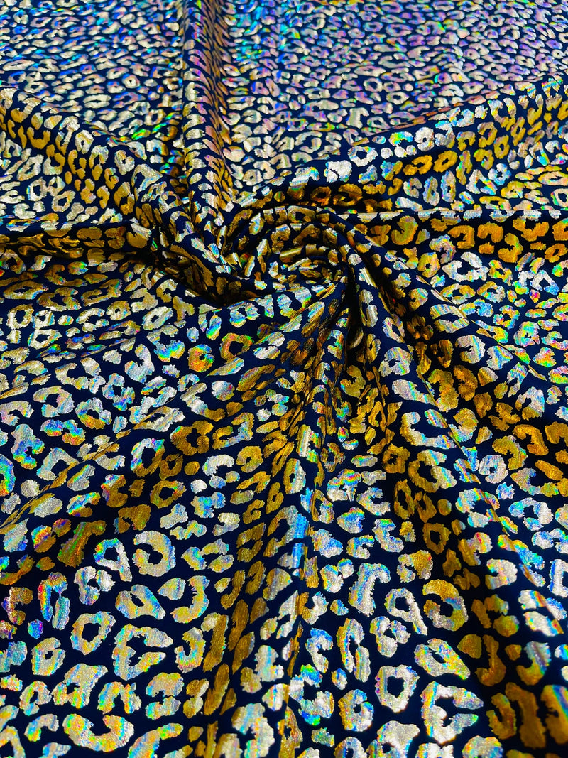 Cheetah Print Spandex Fabric - Black / Gold - Mystique 4 Way Stretch Foil Fabric 58/60" By Yard