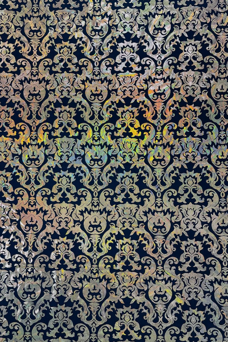 Metallic Damask Spandex - Black / Gold - Holographic Poly Spandex Stretch Damask Fabric By Yard