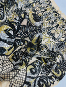 Damask Open Heart Design - Black / Gold - Embroidered 4 Way Stretch Sequins Fabric By Yard