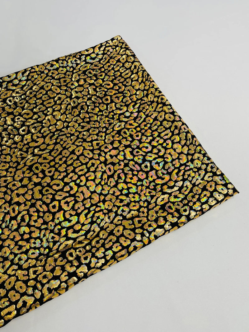 Cheetah Print Spandex Fabric - Black / Gold - Mystique 4 Way Stretch Foil Fabric 58/60" By Yard