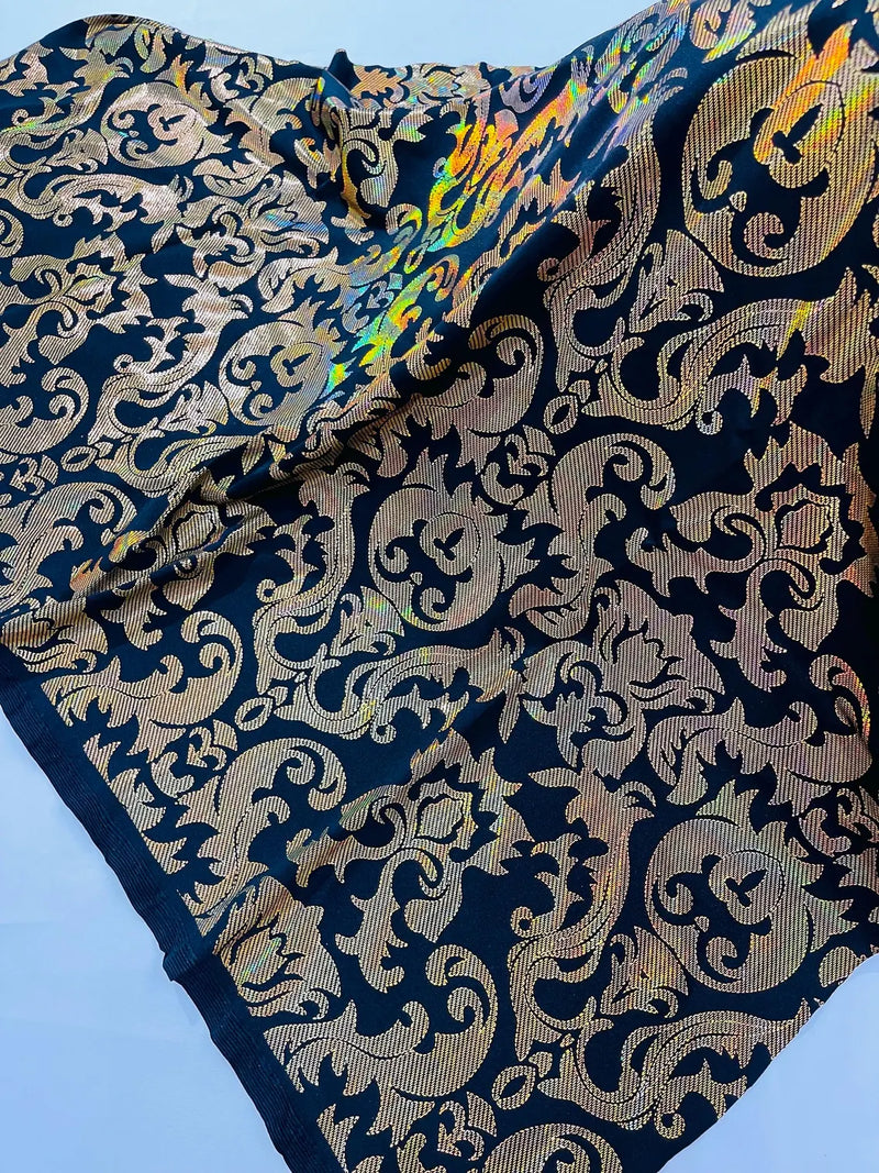 Metallic Damask Spandex - Black / Gold - Holographic Poly Spandex Stretch Damask Fabric By Yard