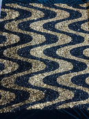 Wavy Line Design Velvet Sequins - Black / Gold - Velvet Sequins Fabric 2 Way Stretch 58"- 60" By Yard