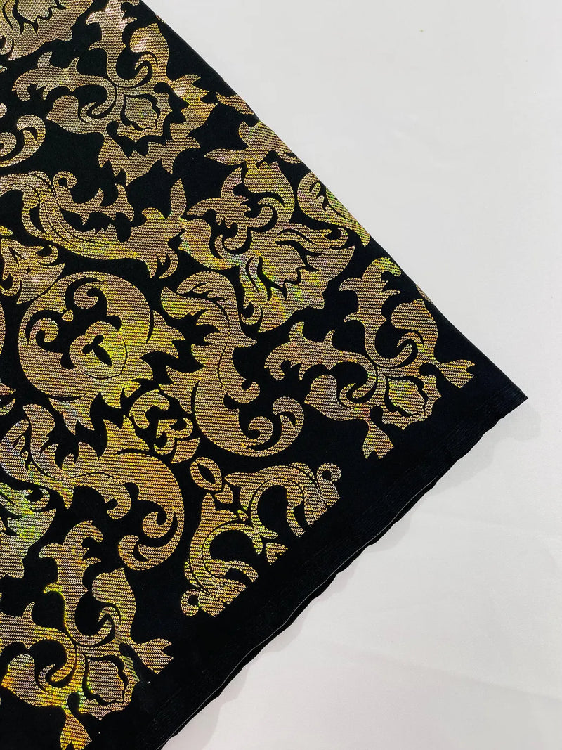 Metallic Damask Spandex - Black / Gold - Holographic Poly Spandex Stretch Damask Fabric By Yard