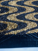 Wavy Line Design Velvet Sequins - Black / Gold - Velvet Sequins Fabric 2 Way Stretch 58"- 60" By Yard