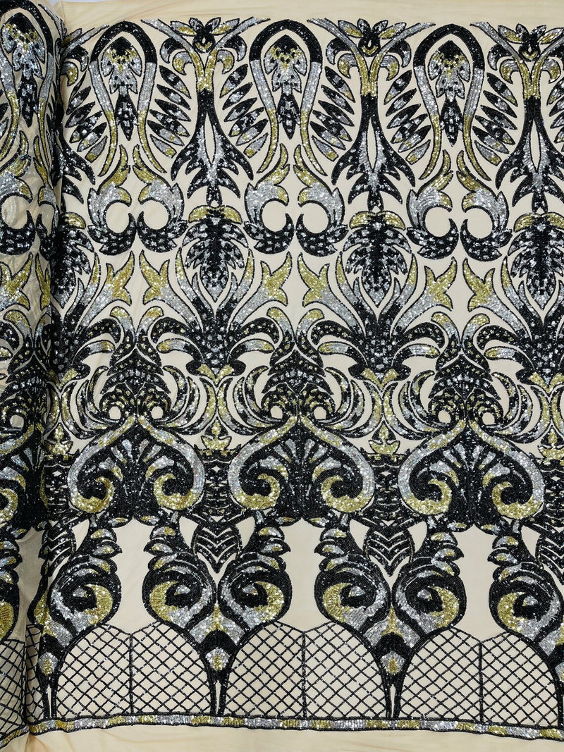 Damask Open Heart Design - Black / Gold - Embroidered 4 Way Stretch Sequins Fabric By Yard