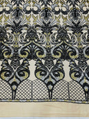 Damask Open Heart Design - Black / Gold - Embroidered 4 Way Stretch Sequins Fabric By Yard