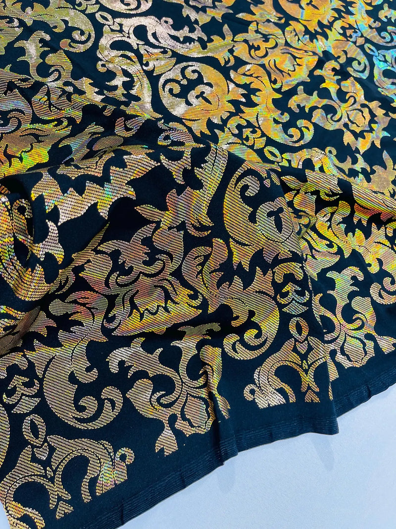 Metallic Damask Spandex - Black / Gold - Holographic Poly Spandex Stretch Damask Fabric By Yard