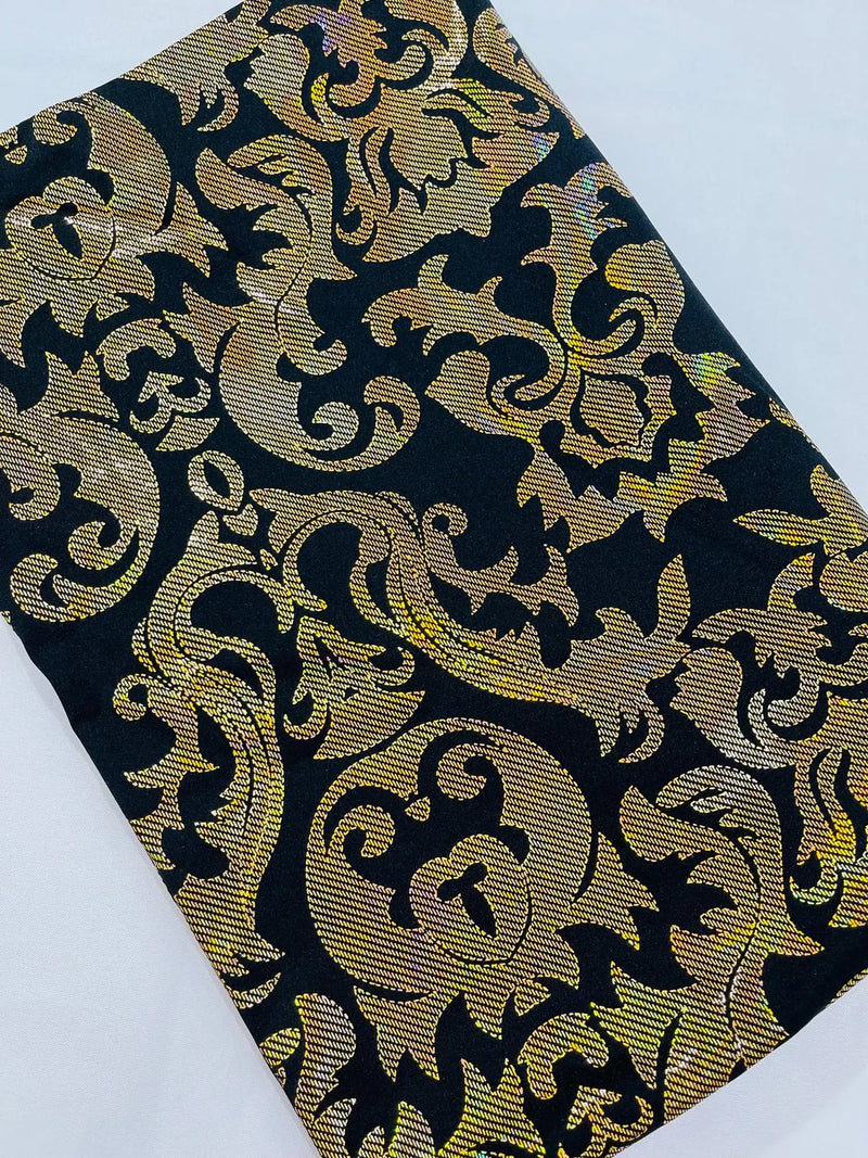 Metallic Damask Spandex - Black / Gold - Holographic Poly Spandex Stretch Damask Fabric By Yard