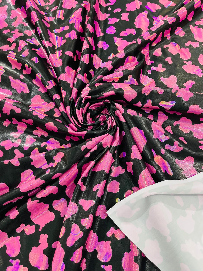 Spandex Cow Print Design - Black / Hot Pink Iridescent - Poly Spandex Fabric 4 Way Stretch - 60” By Yard