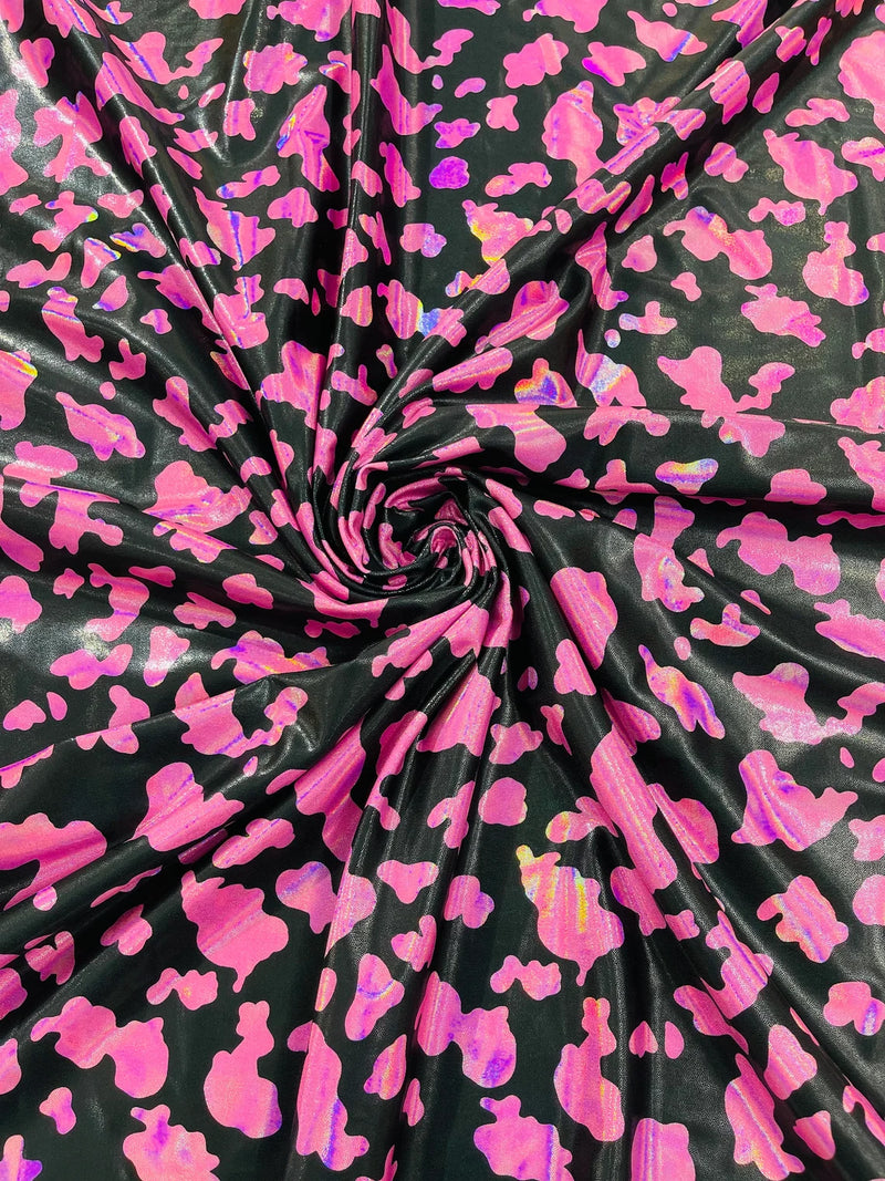 Spandex Cow Print Design - Black / Hot Pink Iridescent - Poly Spandex Fabric 4 Way Stretch - 60” By Yard