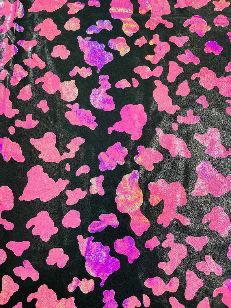 Spandex Cow Print Design - Black / Hot Pink Iridescent - Poly Spandex Fabric 4 Way Stretch - 60” By Yard