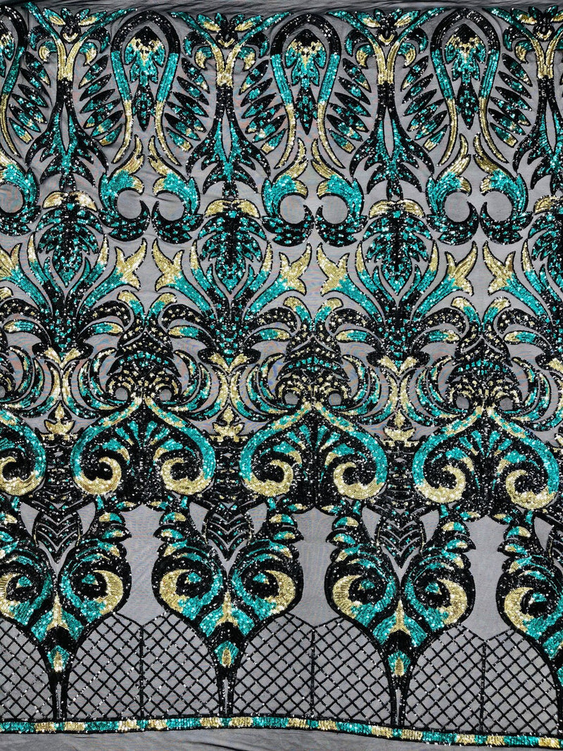 Damask Open Heart Design - Black / Hunter Green - Embroidered 4 Way Stretch Sequins Fabric By Yard