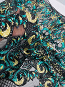 Damask Open Heart Design - Black / Hunter Green - Embroidered 4 Way Stretch Sequins Fabric By Yard