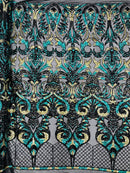 Damask Open Heart Design - Black / Hunter Green - Embroidered 4 Way Stretch Sequins Fabric By Yard