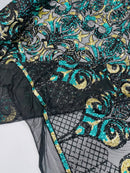 Damask Open Heart Design - Black / Hunter Green - Embroidered 4 Way Stretch Sequins Fabric By Yard
