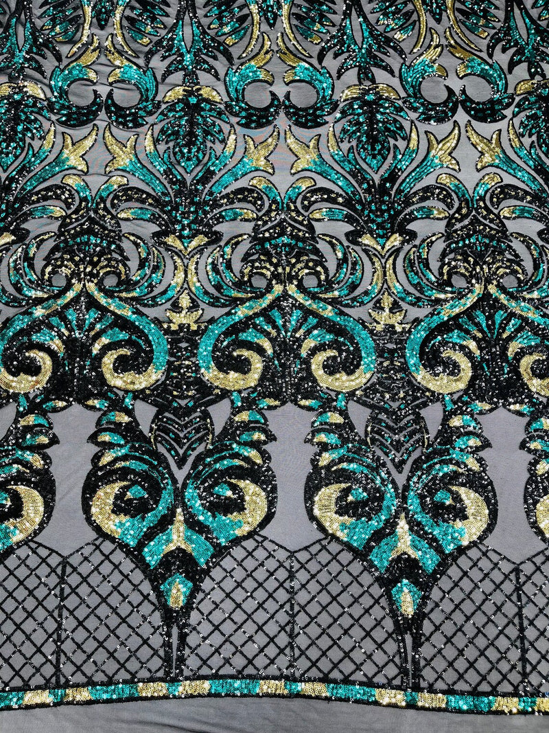 Damask Open Heart Design - Black / Hunter Green - Embroidered 4 Way Stretch Sequins Fabric By Yard