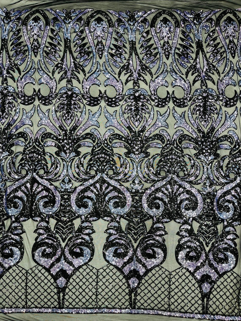 Damask Open Heart Design - Black / Navy Blue - Embroidered 4 Way Stretch Sequins Fabric By Yard