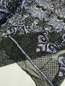 Damask Open Heart Design - Black / Navy Blue - Embroidered 4 Way Stretch Sequins Fabric By Yard