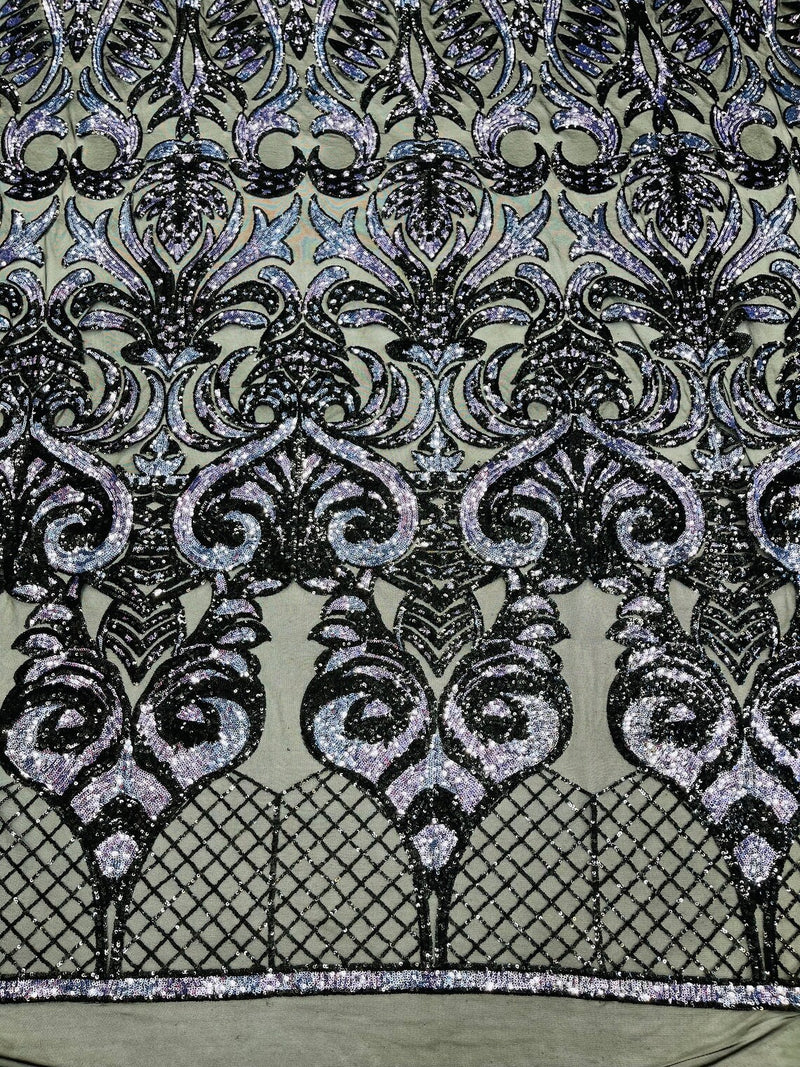 Damask Open Heart Design - Black / Navy Blue - Embroidered 4 Way Stretch Sequins Fabric By Yard