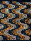 Wavy Line Design Velvet Sequins - Black / Orange / Clear Iridescent - Velvet Sequins Fabric 2 Way Stretch 58"/60" Yard