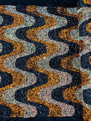Wavy Line Design Velvet Sequins - Black / Orange / Clear Iridescent - Velvet Sequins Fabric 2 Way Stretch 58"/60" Yard