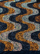 Wavy Line Design Velvet Sequins - Black / Orange / Clear Iridescent - Velvet Sequins Fabric 2 Way Stretch 58"/60" Yard