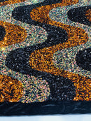 Wavy Line Design Velvet Sequins - Black / Orange / Clear Iridescent - Velvet Sequins Fabric 2 Way Stretch 58"/60" Yard