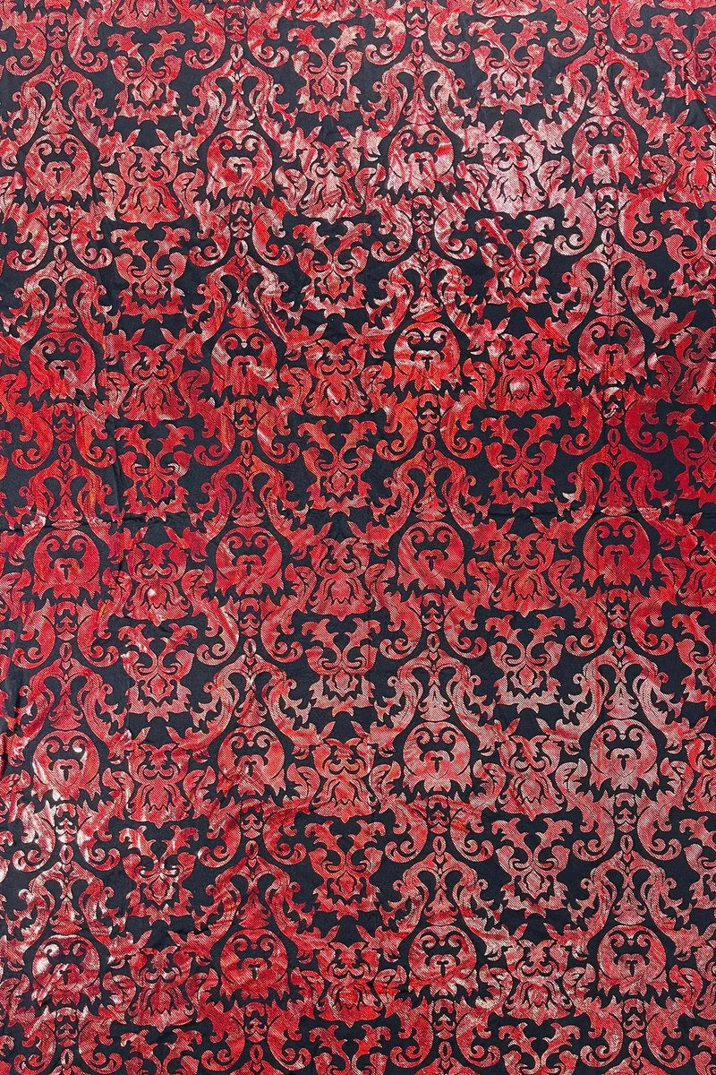 Metallic Damask Spandex - Black / Red - Holographic Poly Spandex Stretch Damask Fabric By Yard